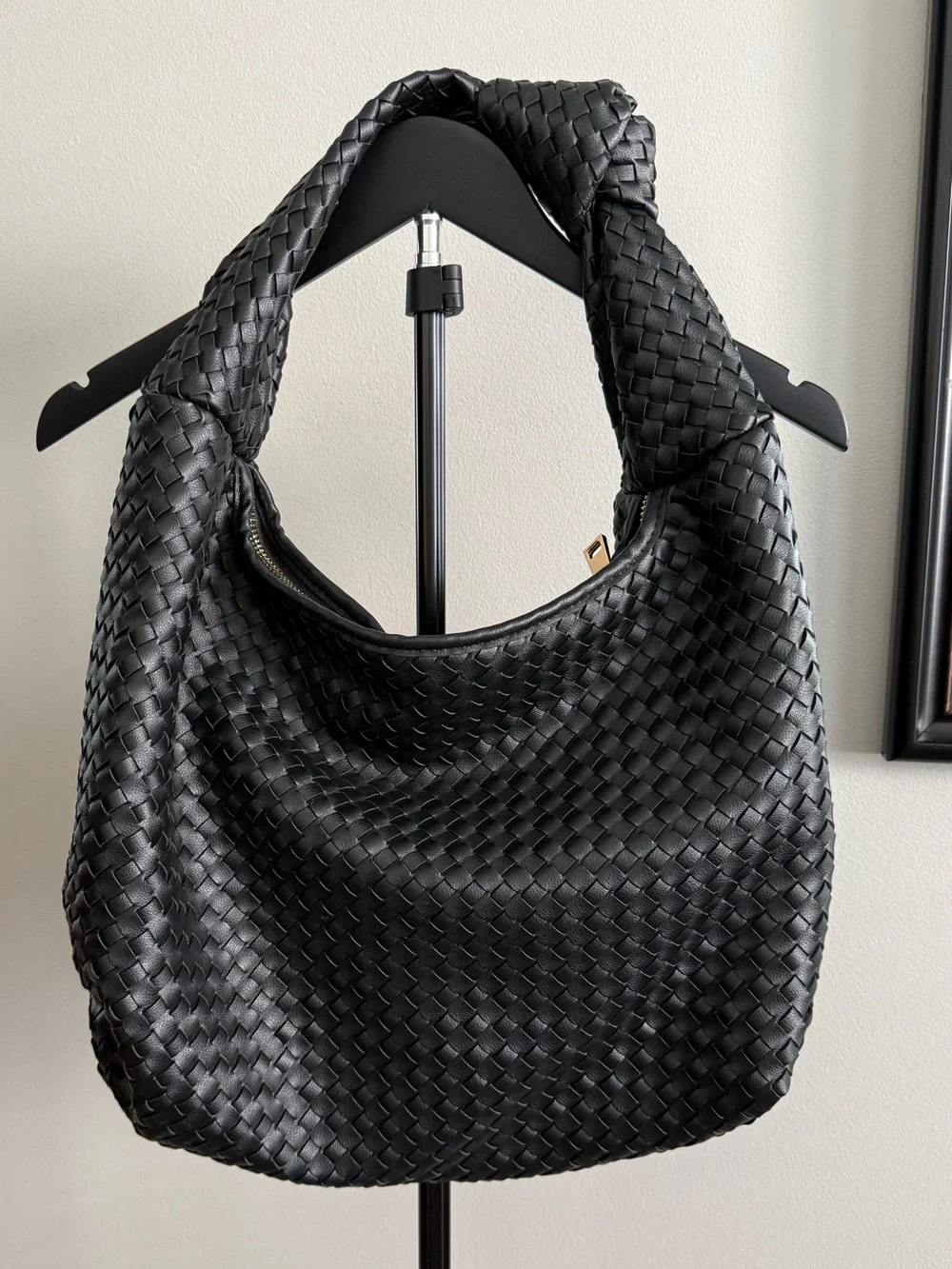 Black Woven Leather Hobo Shoulder Bag
